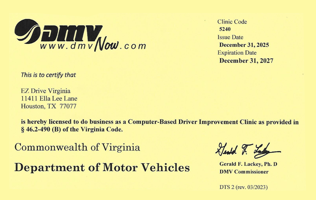 EZ Drive Virginia official Virginia DMV license certificate
