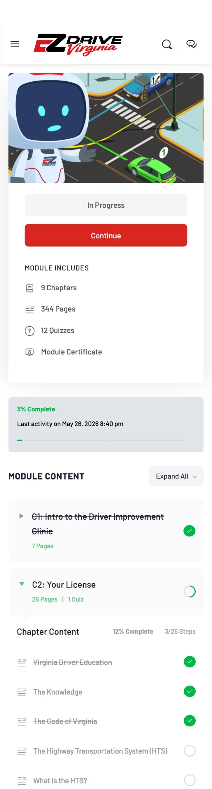 EZ Drive Virginia course dashboard